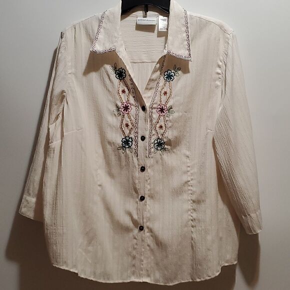 Alfred Dunner Embroidered Button Up Collared Long Sleeve Vintage Style Blouse 16 - Picture 14 of 16